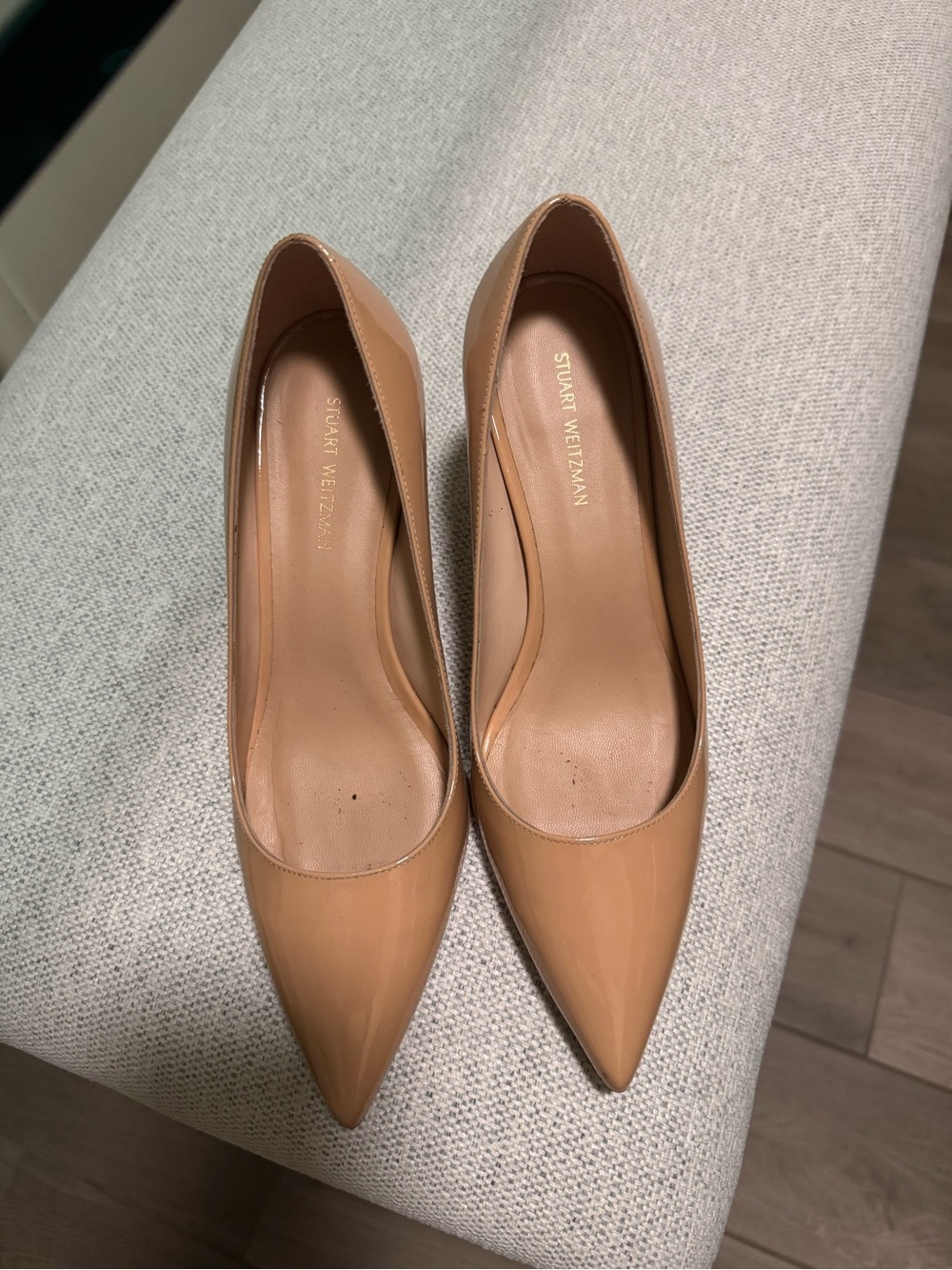 Stuart Weitzman Patent Leather Pointed-Toe Pumps in Nude Tan
